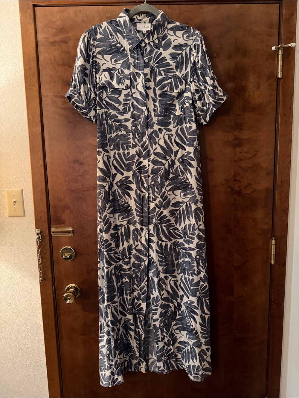 Leaf-Print Maxi Shirt Dress in Navy/White by Knox Rose